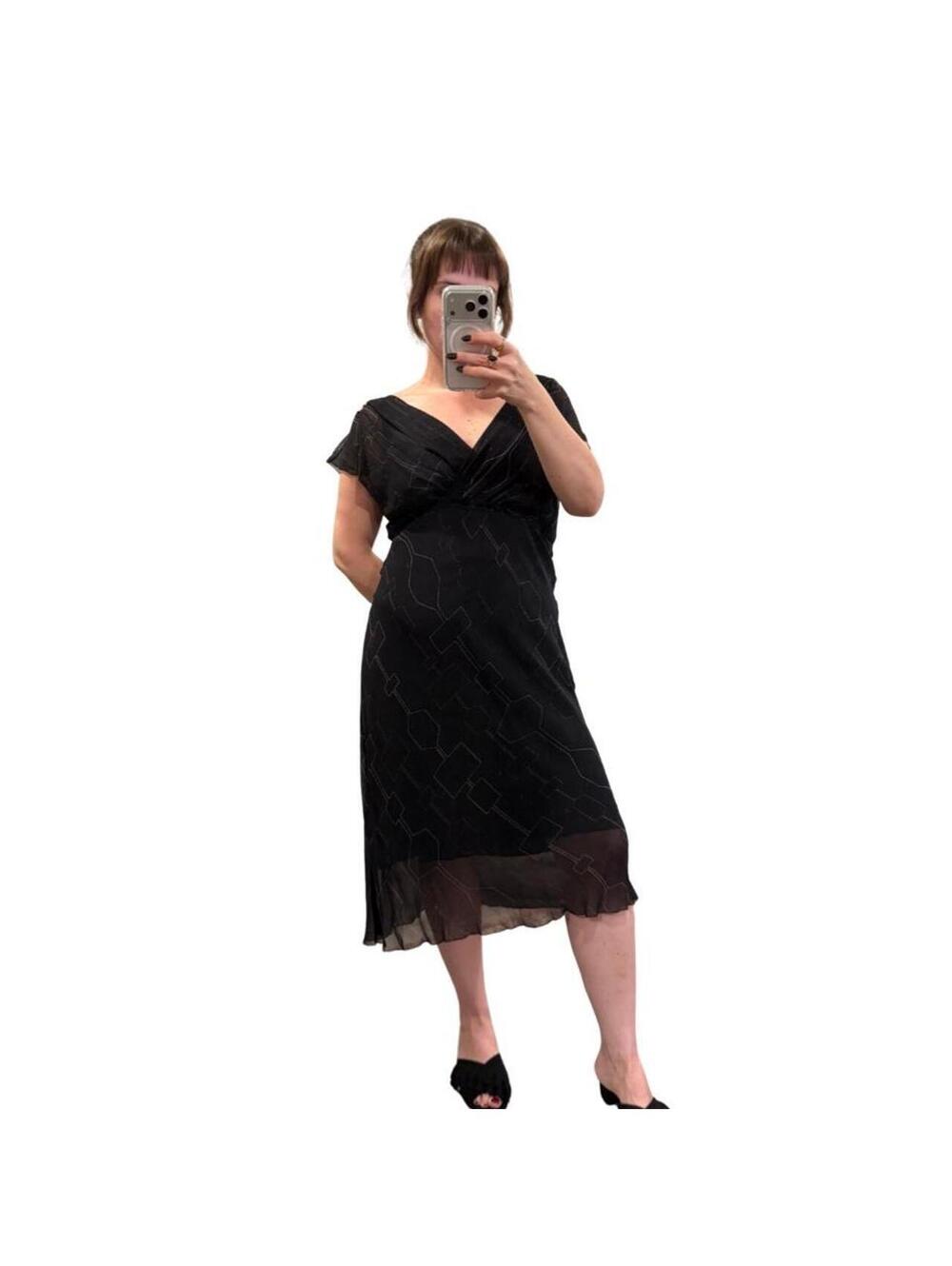 Max Studio 100% Silk Black Geometric Midi Dress